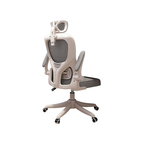 Modern ergonomic ignatius office chair with beige plastic frame, gray mesh back and seat, adjustable headrest, and casters