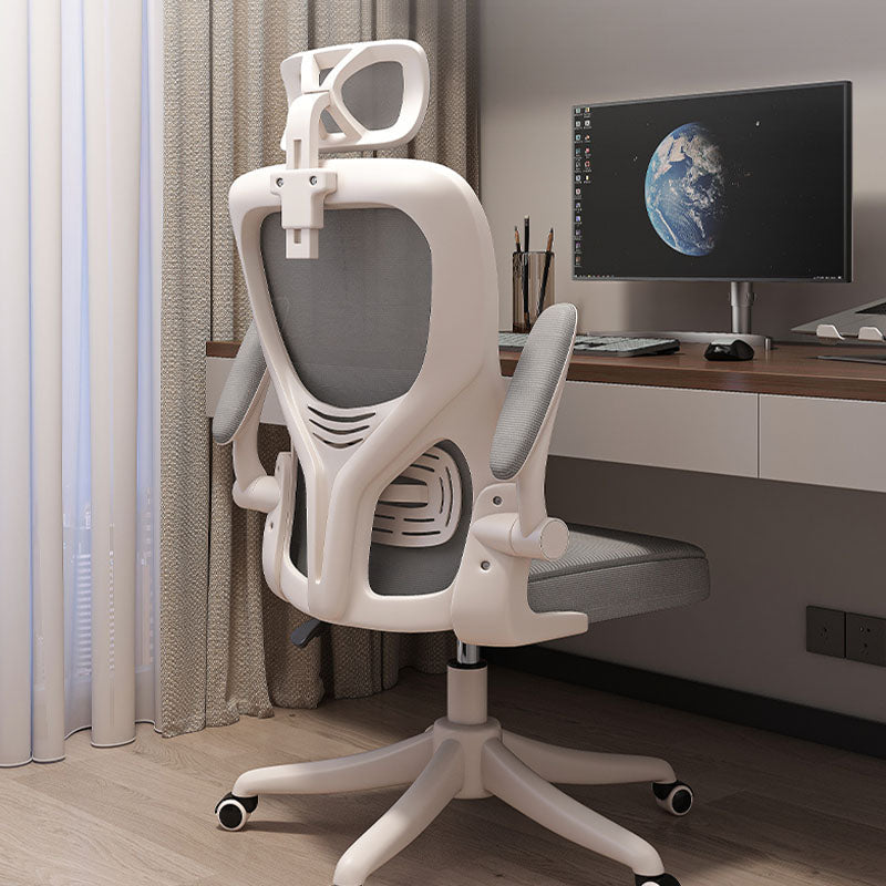Ignatius office chair high back with white plastic frame gray mesh seat and back and adjustable headrest for ergonomic support