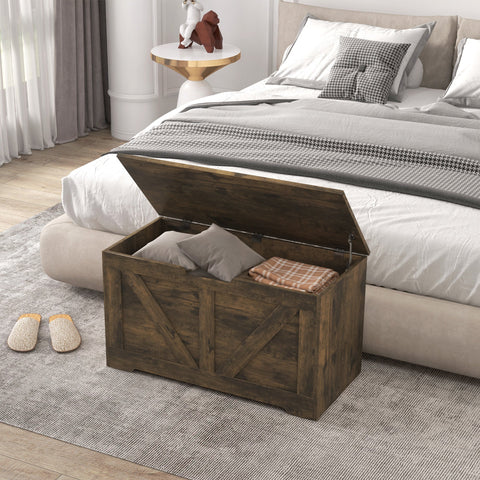 HOMCOM 100L Home Storage Box, with Safety Hinges - Rustic Brown