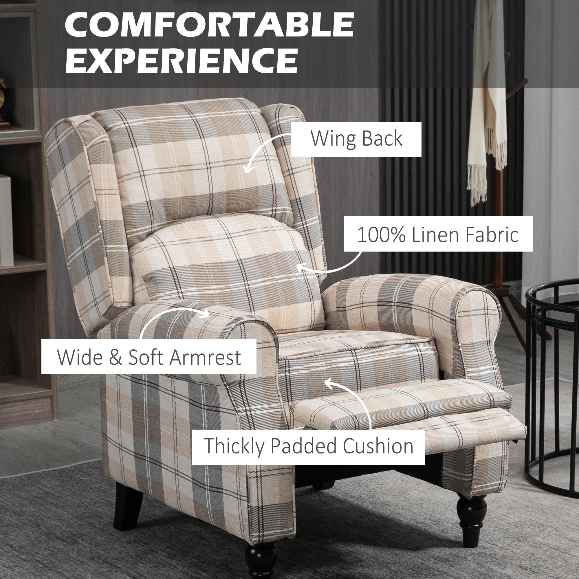 HOMCOM Wingback Recliner Armchair for Living Room, Pushback Reclining Chair with Round Armrests, Footrest and Rubber Wood Legs, Khaki