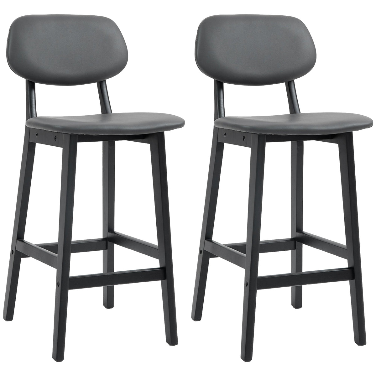 HOMCOM Bar Stools Set of 2, Contemporary Breakfast Bar Chairs, Faux Leather Upholstered Kitchen Stools with Backs and  Solid Wood Legs, Dark Grey