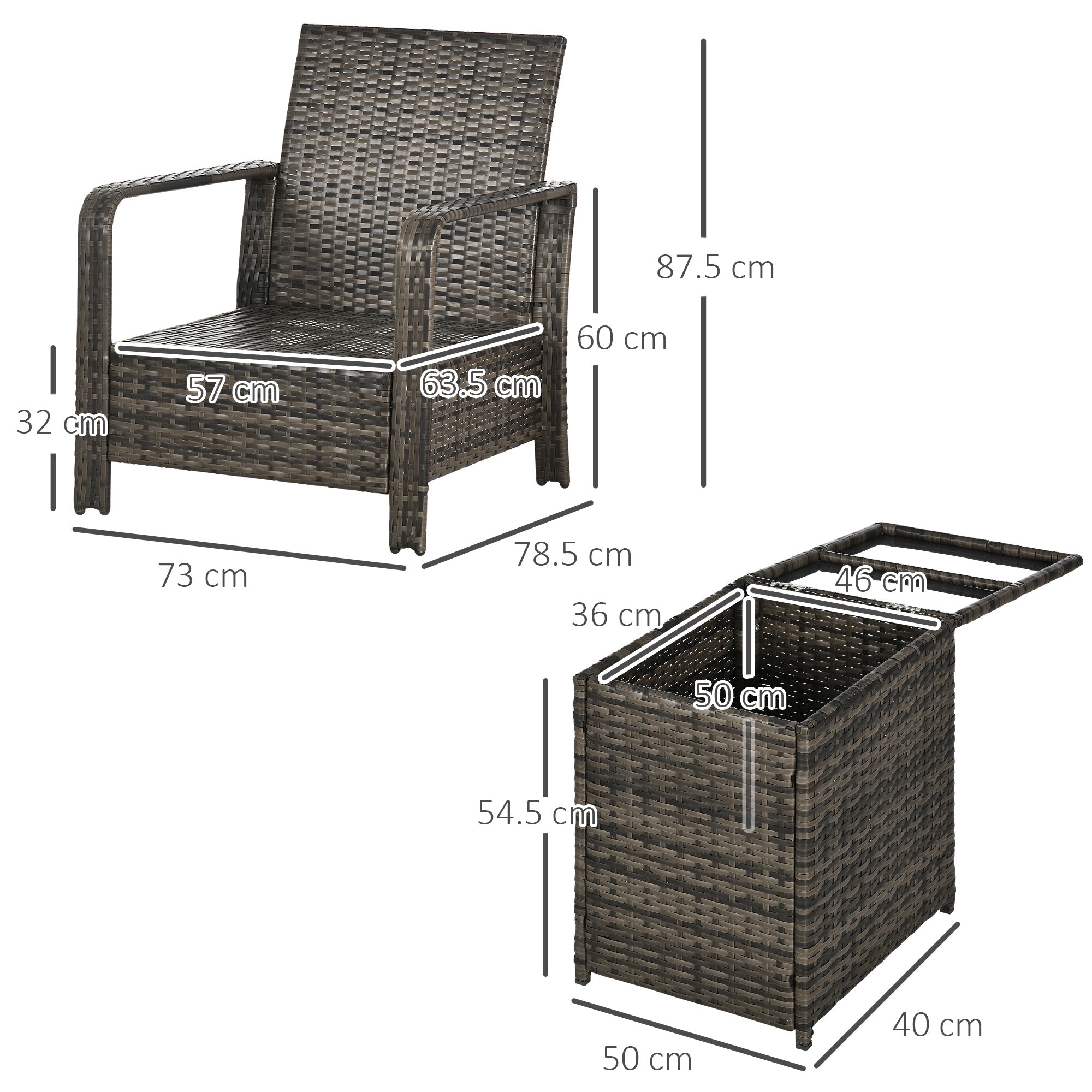 Outsunny 3 Pieces Rattan Bistro Set, Wicker Garden Furniture Set with Storage  Coffee Table and Chairs, Thickened Cushions for Outdoor, Patio, Balcony, Grey
