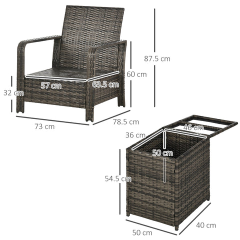 Outsunny 3 Pieces Rattan Bistro Set, Wicker Garden Furniture Set with Storage  Coffee Table and Chairs, Thickened Cushions for Outdoor, Patio, Balcony, Grey