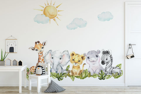 Baby Safari Animals Watercolor Wall Decal | Nursery Mural | Lion Elephant Sticker