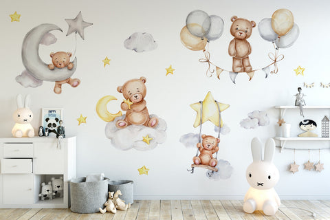 Sleeping Bears Wall Decal | Bears in the Air Nursery Wall Sticker | Clouds and Stars Wall Decor
