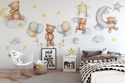 Sleeping Bears Wall Decal | Bears in the Air Nursery Wall Sticker | Clouds and Stars Wall Decor