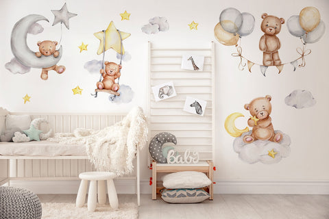 Sleeping Bears Wall Decal | Bears in the Air Nursery Wall Sticker | Clouds and Stars Wall Decor