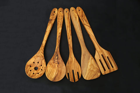 Olive Wood Hanging Cooking Utensils Set 35 cm With Rack