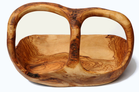 Artisan Olive Wood Fruit Basket with Integrated Handle – Hand-Carved Rustic Serving Caddy – Natural Wood Centerpiece (Sizes 15cm to 35cm+)