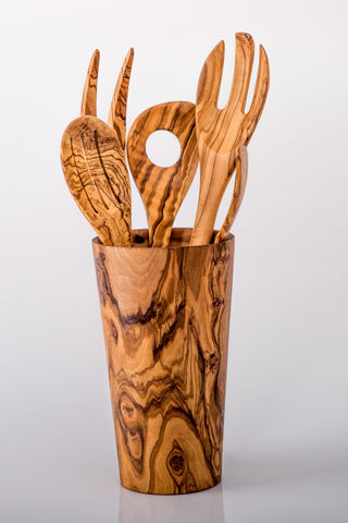 Olive Wood Kitchen Utensil Holder | Wooden Countertop Spoon Spatula Organizer