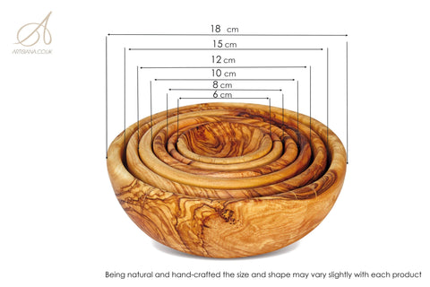 Handmade Olive Wood Bowl Set of 6 | Graduated Nesting Fruit Snack & Serving Bowls | Beautiful Natural Grain | Sizes 8–18 cm