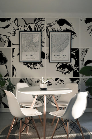 Black & White Pop Art Wall Mural, Self adhesive removable wallpaper, peel and stick, temporary wallpaper, wall art