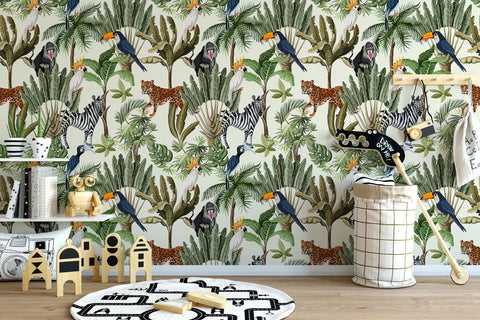 Playful Jungle Animals Watercolour Wallpaper for Nursery and Kids' Room Décor