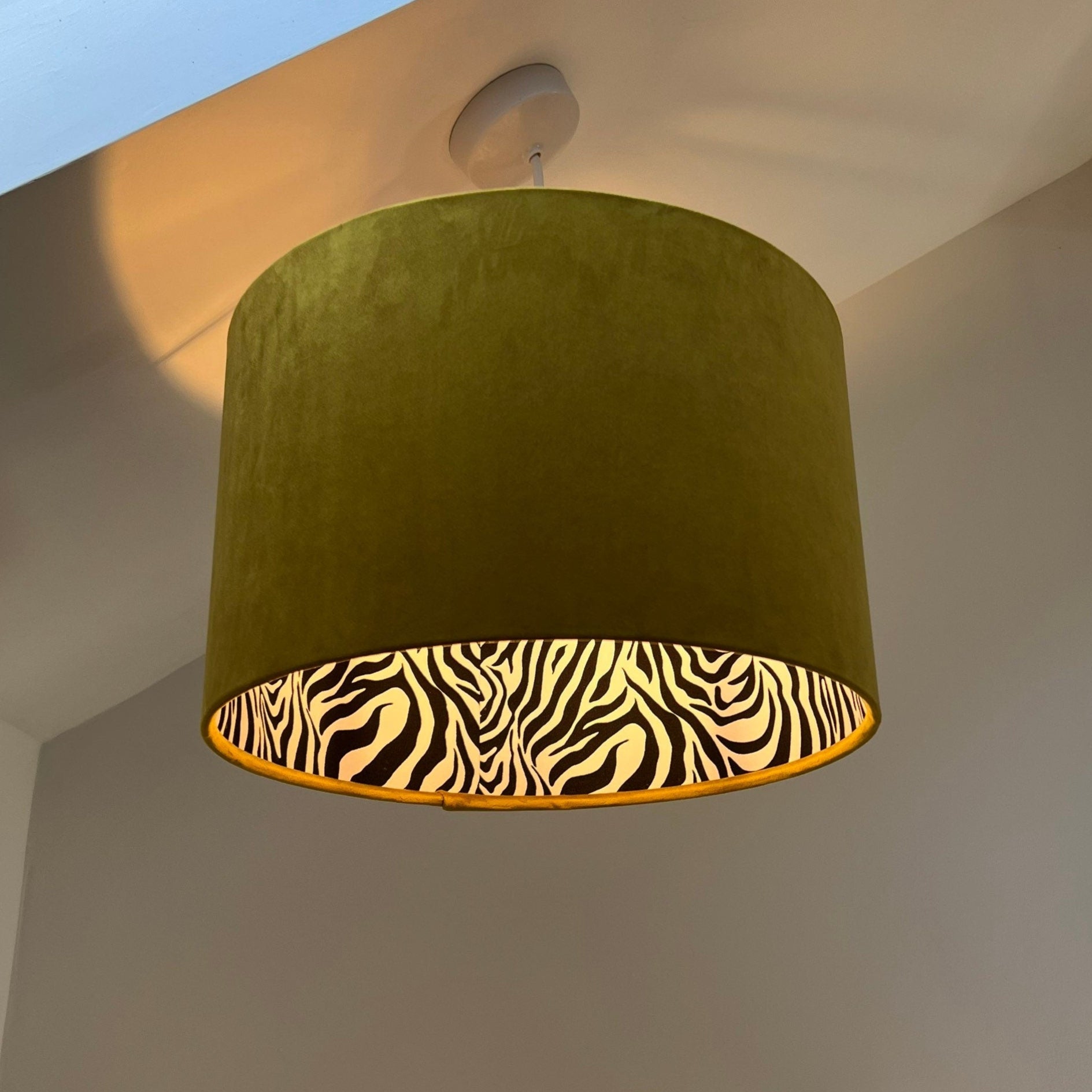 Mustard Velvet & Zebra Cotton Double Sided Drum Lampshade | Handmade Ceiling Light Shade | Bespoke UK