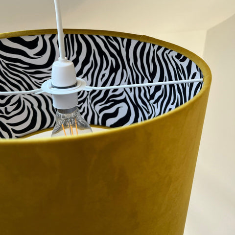 Mustard Velvet & Zebra Cotton Double Sided Drum Lampshade | Handmade Ceiling Light Shade | Bespoke UK