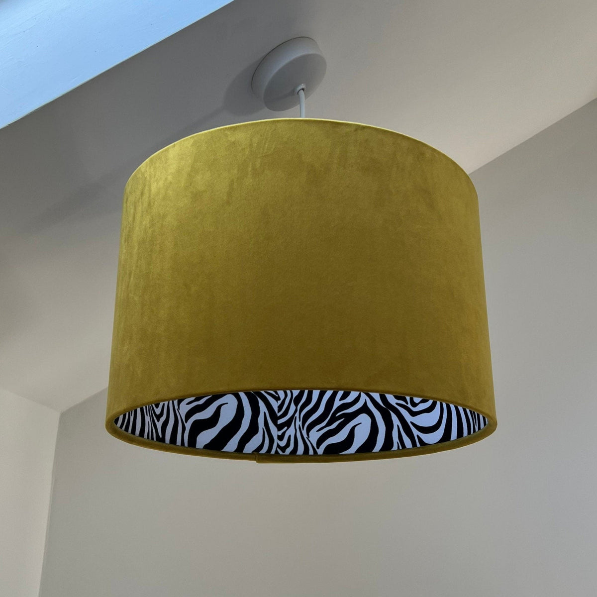 Mustard Velvet & Zebra Cotton Double Sided Drum Lampshade | Handmade Ceiling Light Shade | Bespoke UK