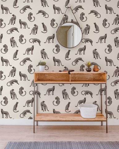 Leopards on Light Cream Background Removable Wallpaper | Self-Adhesive Fabric | Peel & Stick | Tropical Animal Wall Covering