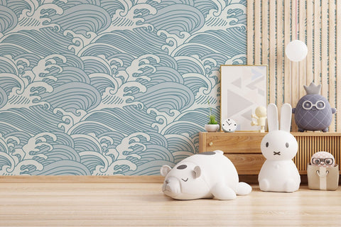 Chinese Waves Self Adhesive Wallpaper | Removable Blue-Gray Mural | Eco Friendly Design