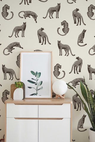 Leopards on Light Cream Background Removable Wallpaper | Self-Adhesive Fabric | Peel & Stick | Tropical Animal Wall Covering