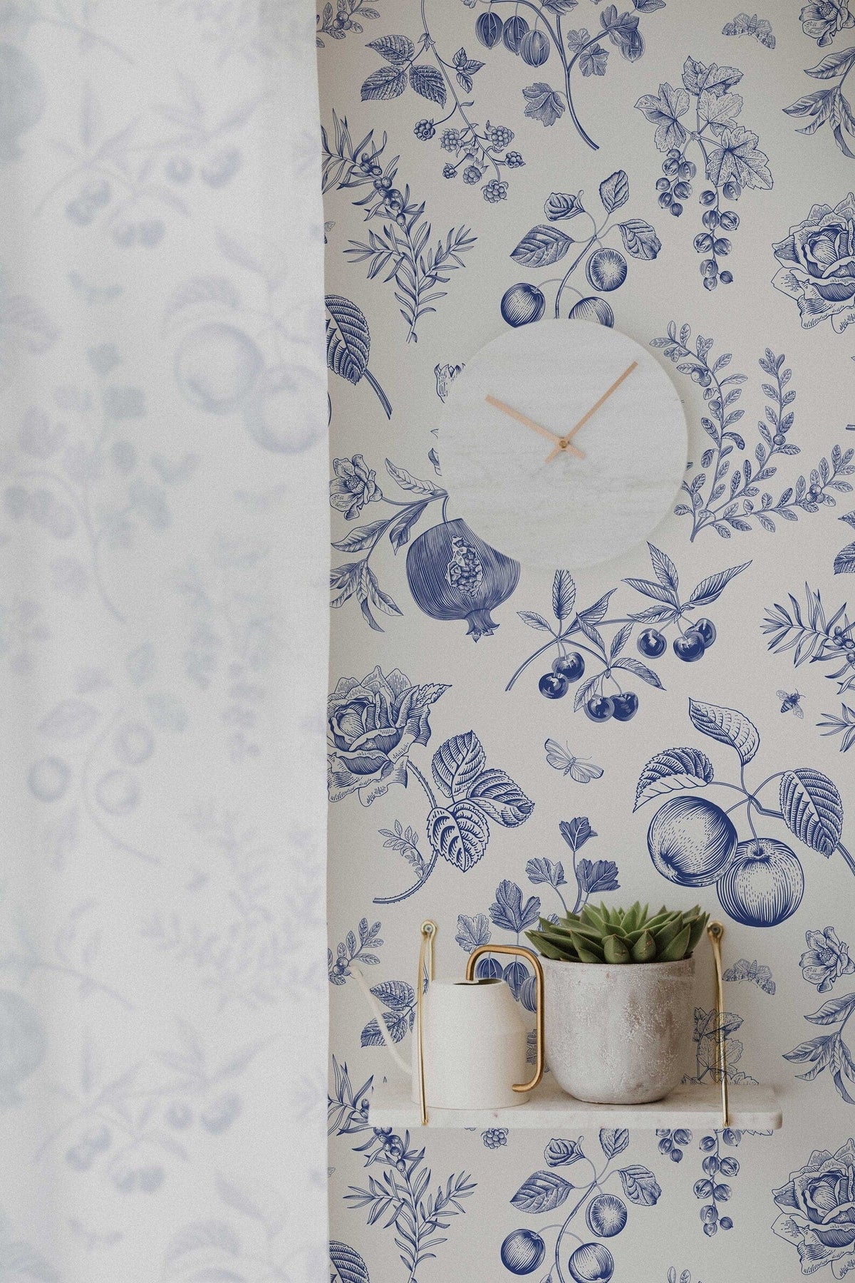 Blue Peach Botanical Wallpaper | Removable Peel and Stick | Custom Roll | Self Adhesive | Country Style Decor