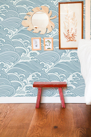 Chinese Waves Self Adhesive Wallpaper | Removable Blue-Gray Mural | Eco Friendly Design
