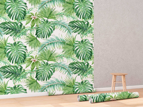 Tropical Leaves Peel and Stick Wallpaper | Removable Monstera Palms Mural | Eco Friendly Wall Decor