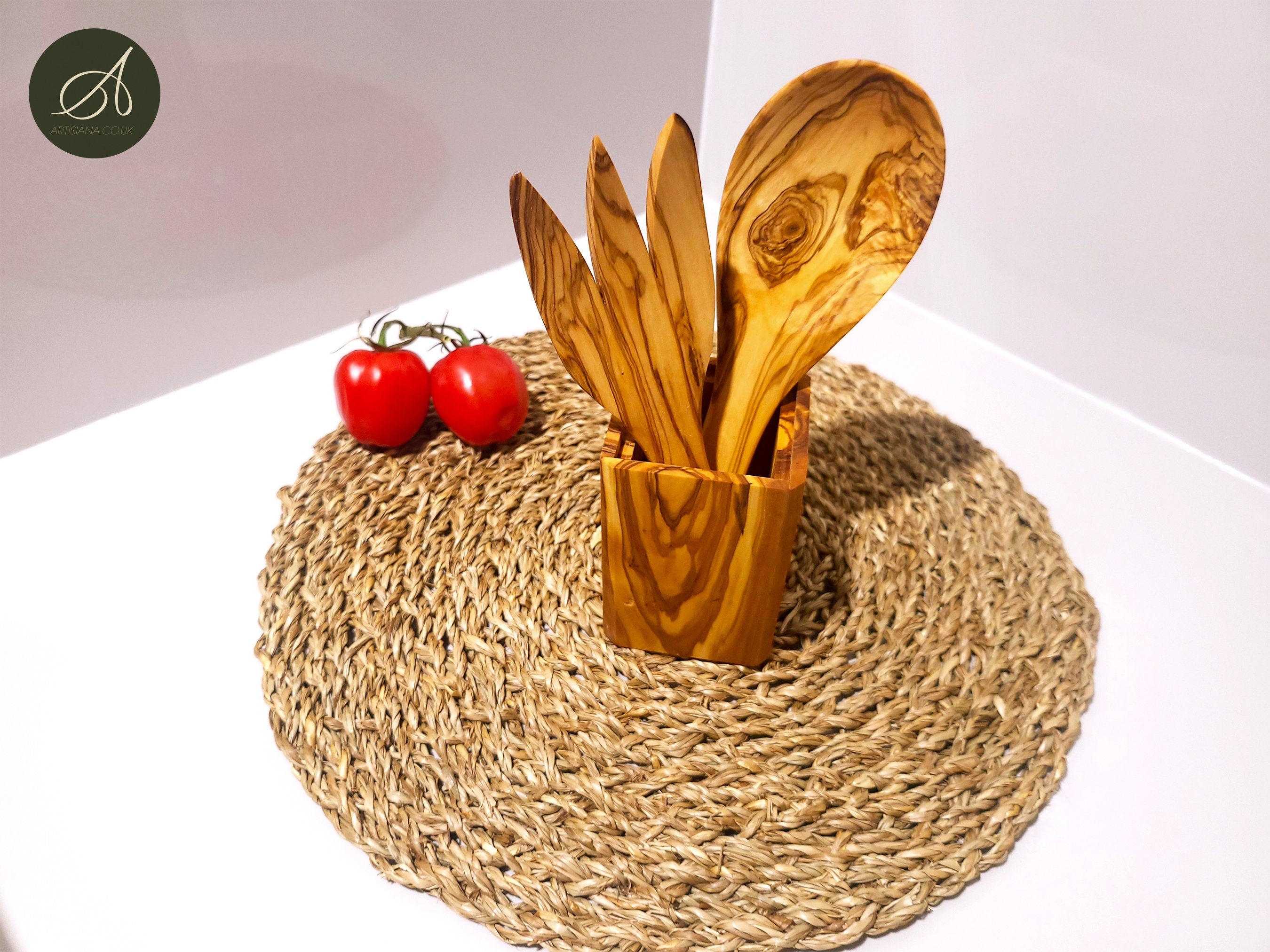 Wooden Set of cutlery and Utensil Holder, Olive Wood salad server with holder,  Kitchen Utensils, spoon, fork, cutlery, handmade,  gift