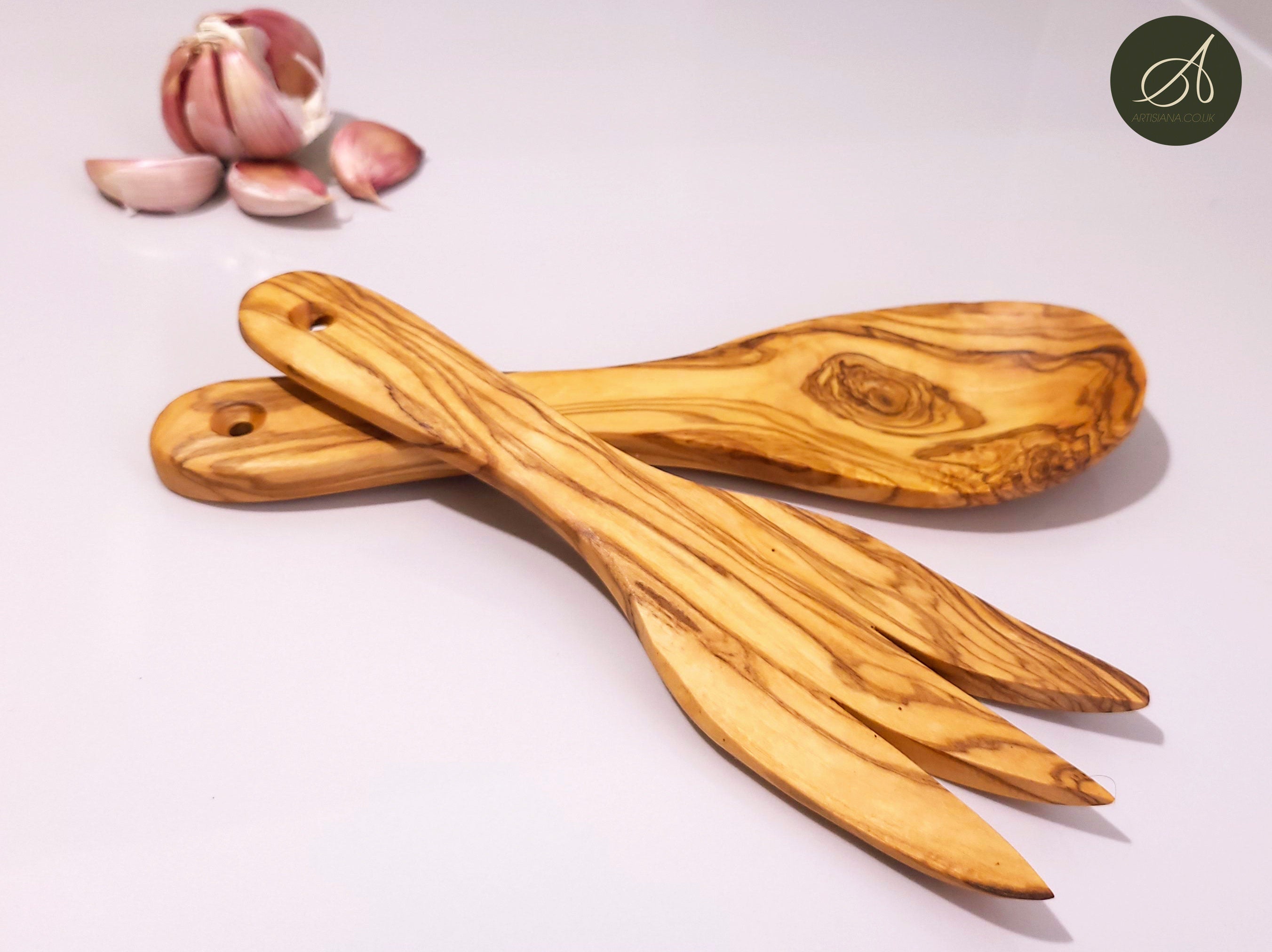 Wooden Set of cutlery and Utensil Holder, Olive Wood salad server with holder,  Kitchen Utensils, spoon, fork, cutlery, handmade,  gift