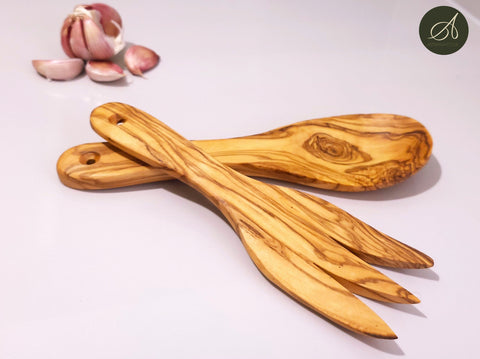 Wooden Set of cutlery and Utensil Holder, Olive Wood salad server with holder,  Kitchen Utensils, spoon, fork, cutlery, handmade,  gift