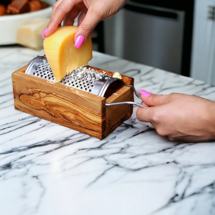 Handcrafted Olive Wood Cheese Grater Box - Manual Parmesan Shredder Catcher