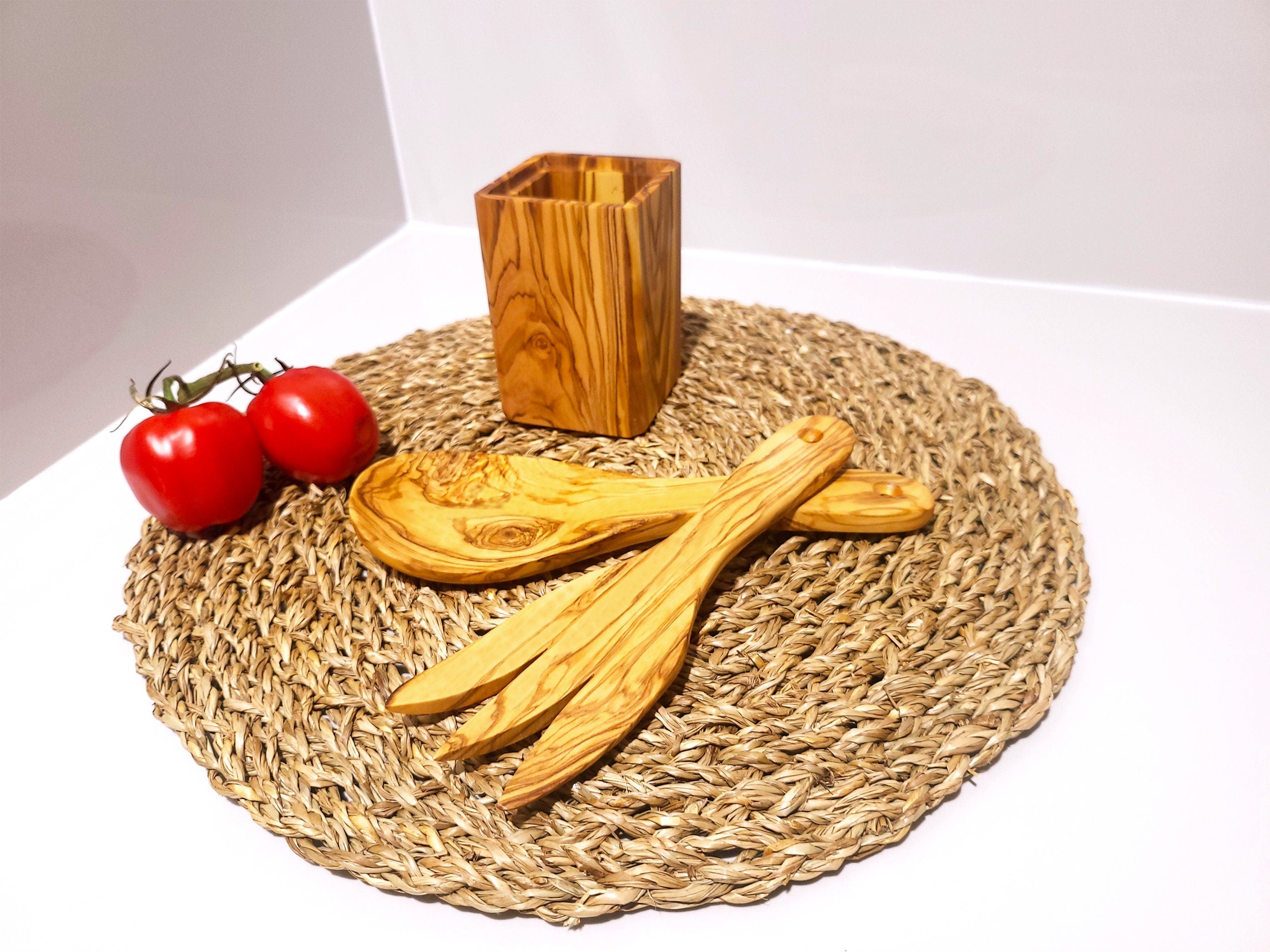 Wooden Set of cutlery and Utensil Holder, Olive Wood salad server with holder,  Kitchen Utensils, spoon, fork, cutlery, handmade,  gift
