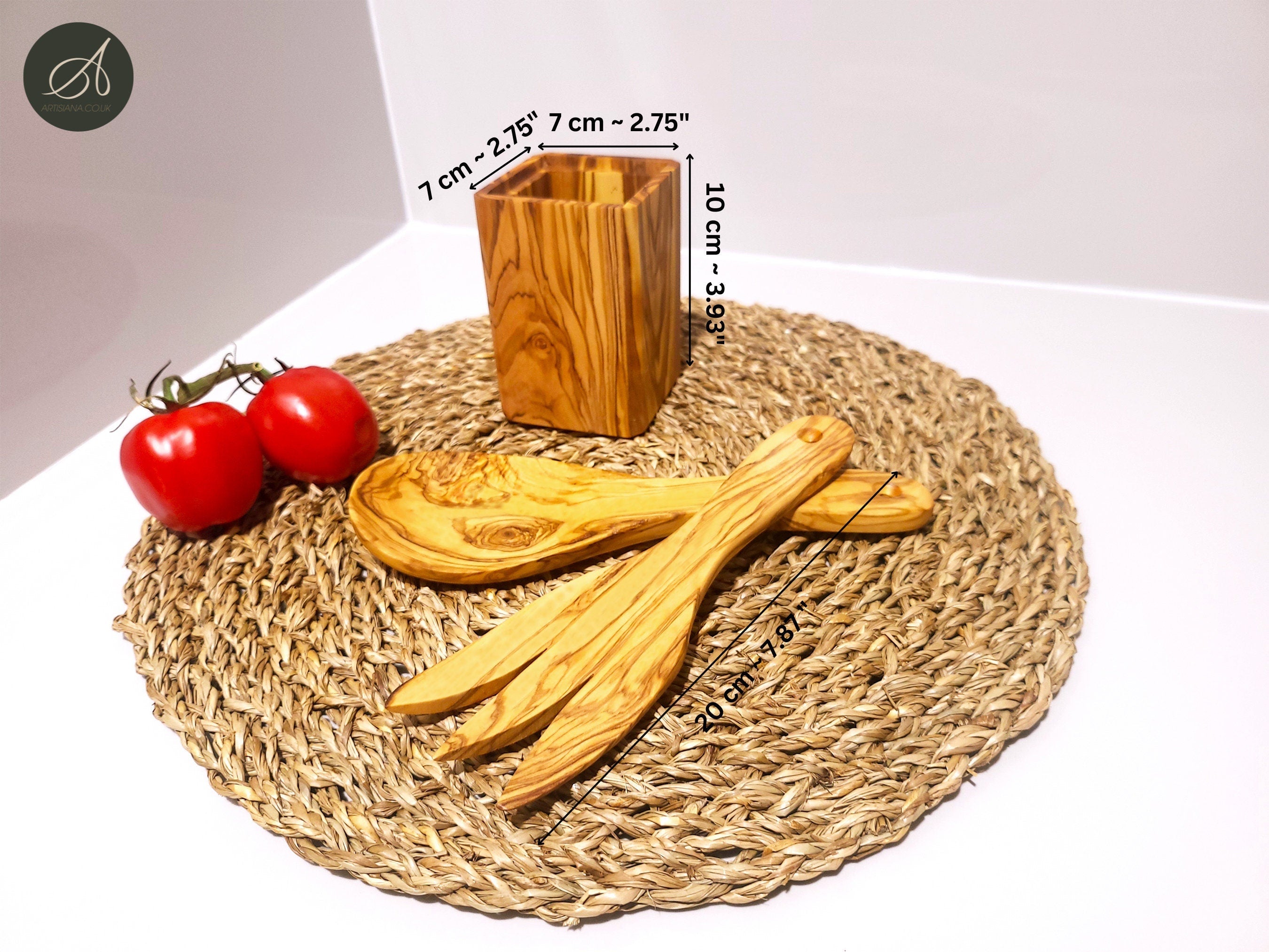 Wooden Set of cutlery and Utensil Holder, Olive Wood salad server with holder,  Kitchen Utensils, spoon, fork, cutlery, handmade,  gift