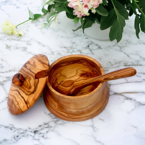 Olive Wood Handcrafted Tea Coffee Sugar Bowl W/ Spoon And Lid