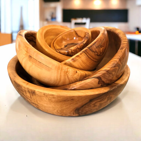Handmade Olive Wood Bowl Set of 6 | Graduated Nesting Fruit Snack & Serving Bowls | Beautiful Natural Grain | Sizes 8–18 cm
