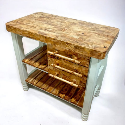 Olive Wood Table Butcher Block, Kitchen Butcher Block, small Kitchen island, Kitchen Table with 3 drawers