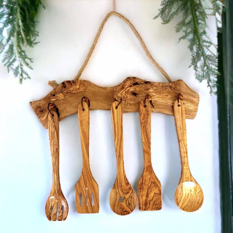 Olive Wood Hanging Cooking Utensils Set 35 cm With Rack