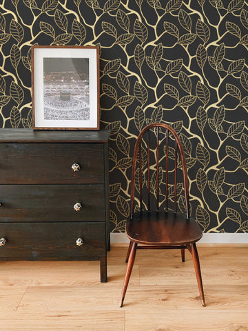 3D Gold Leaf Removable Wallpaper | Art Deco Wall Mural | Dark Art Deco Wall Decor