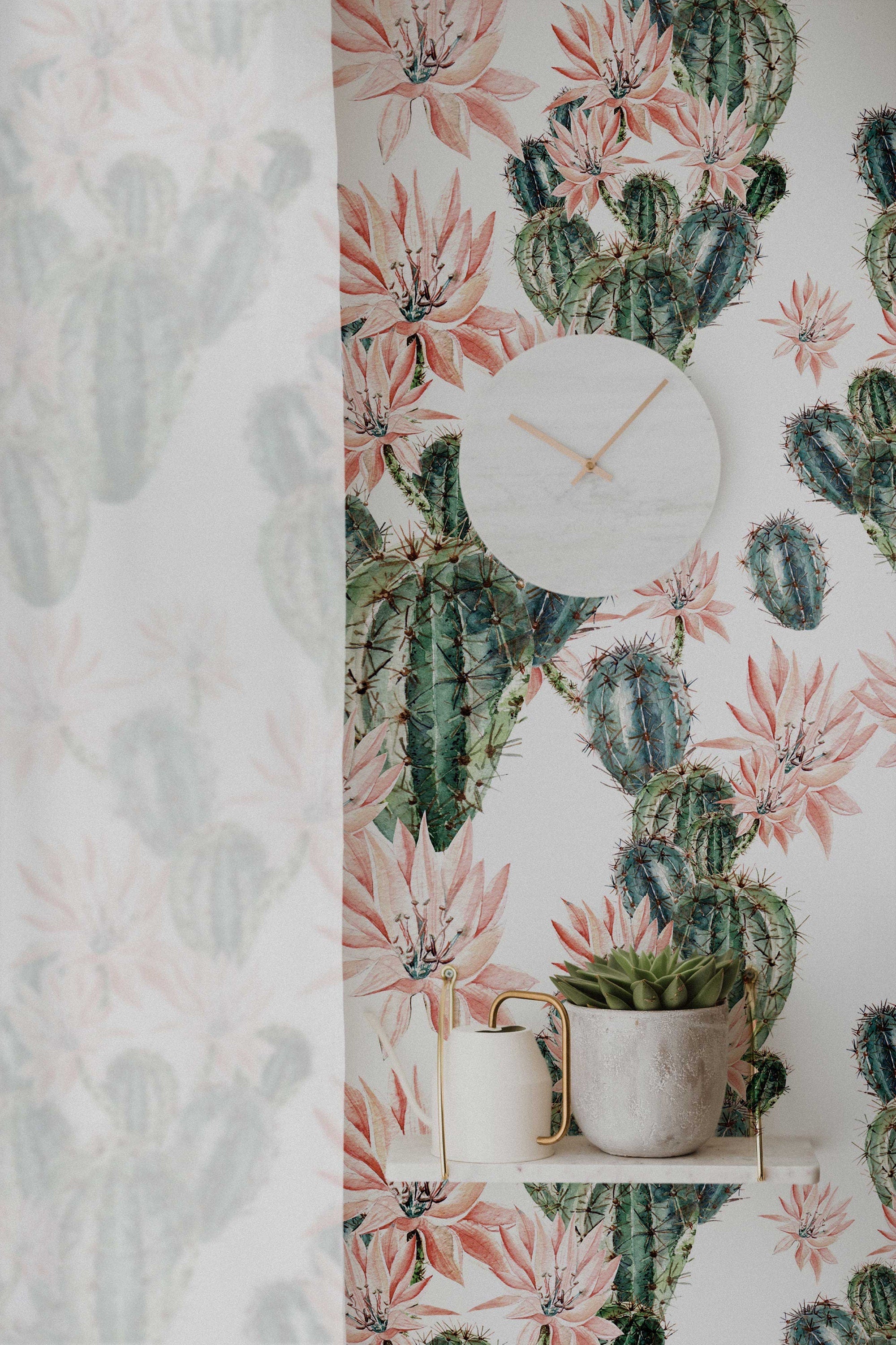 Watercolour Cactus Flowers Removable Wallpaper | Cacti Wall Mural | Cactus Print | Floral Wall Décor | Floral Repositionable Wallcovering