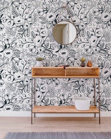 Black and White Spring Floral Wallpaper | Nursery Wall | Mural | Removable Wallpaper | Children Wall | Art | Meadow | Doddle