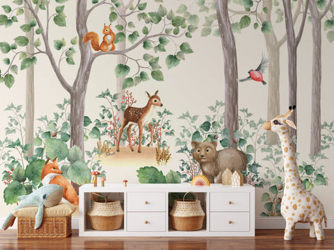 Kids Wallpaper Peel and Stick | Kids Watercolor Forest Wall Mural