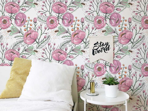 Purple Floral Wallpaper | Watercolour Flower Mural | Poppy Wallpaper