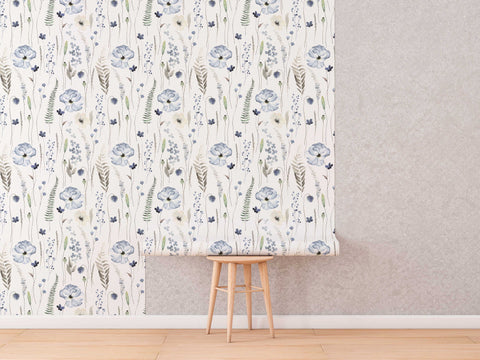 Blue Floral | Whispering Steal Blue Floral Wallpaper | Removable Peel & Stick Self-Adhesive Wallpaper