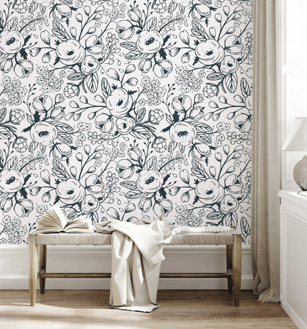 Black and White Spring Floral Wallpaper | Nursery Wall | Mural | Removable Wallpaper | Children Wall | Art | Meadow | Doddle