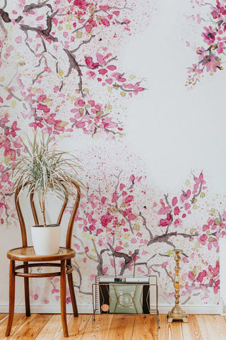 Spring Cherry Blossom Removable Wallpaper | Watercolor Wall Mural | Peel and Stick Wallmural | Floral Mural | Wall Murals