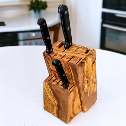 Handcrafted Olive Wood Knife Block Holder - Universal Countertop Organiser