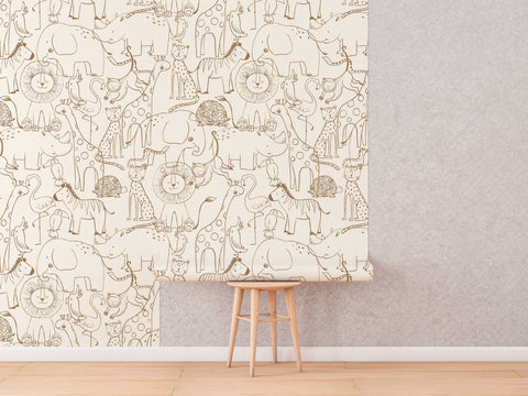 Cute Hand Drawing Safari Animals Wallpaper, Monochrome Animals Kids Wall Mural, Nursery Cartoon Animals Wallpaper, Peel and Stick, Removable
