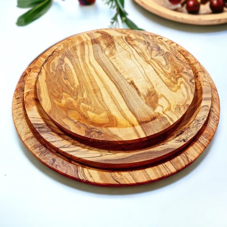 Olive Wood Round Serving Plates Set | 21cm 25cm 28cm Charcuterie Platter Dishes