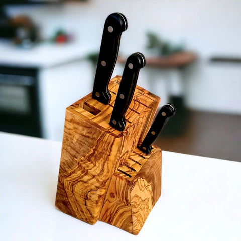 Handcrafted Olive Wood Knife Block Holder - Universal Countertop Organiser
