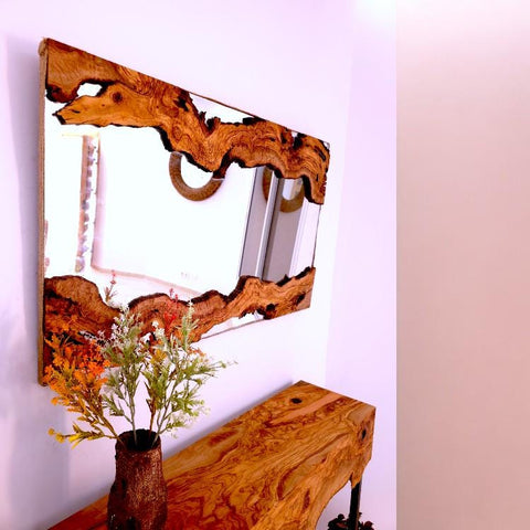 Hand made olive wood mirror and console table set