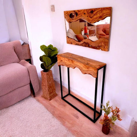 Hand made olive wood mirror and console table set